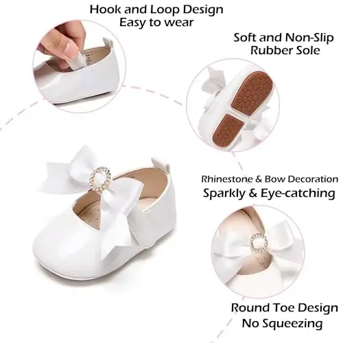 PHIRAMIN Baby Girls Mary Jane Flats - Infant Newborn Walking Shoes Soft Rubber Sole Princess Wedding - 5