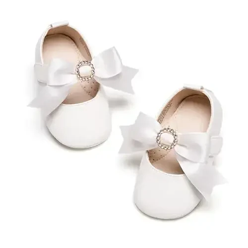 PHIRAMIN Baby Girls Mary Jane Flats - Infant Newborn Walking Shoes Soft Rubber Sole Princess Wedding - 7