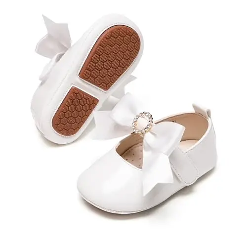 PHIRAMIN Baby Girls Mary Jane Flats - Infant Newborn Walking Shoes Soft Rubber Sole Princess Wedding - 1
