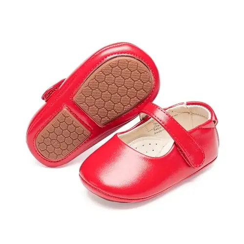 PHIRAMIN Baby Girls Mary Jane Flats - Infant Newborn Walking Shoes Soft Rubber Sole Princess Wedding - 1