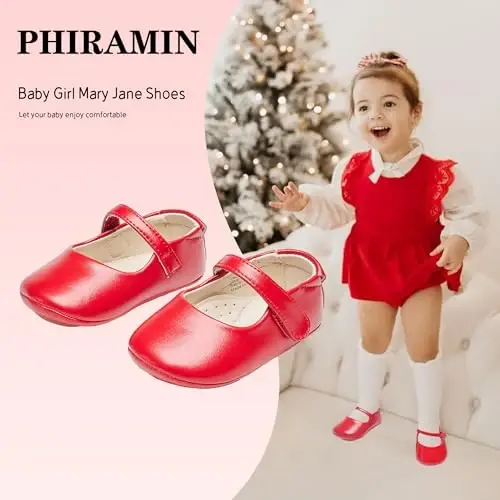 PHIRAMIN Baby Girls Mary Jane Flats - Infant Newborn Walking Shoes Soft Rubber Sole Princess Wedding - PHIRAMIN (1)