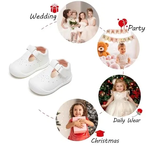 PHIRAMIN Baby Girls Mary Jane Flats - Infant Newborn Walking Shoes Soft Rubber Sole Princess Wedding - 4