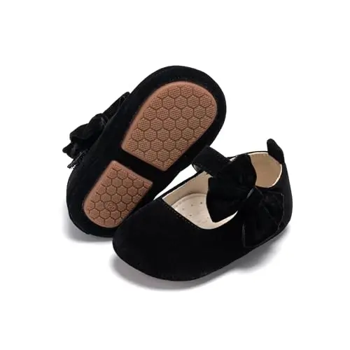 PHIRAMIN Baby Girls Mary Jane Flats - Infant Newborn Walking Shoes Soft Rubber Sole Princess Wedding - 1