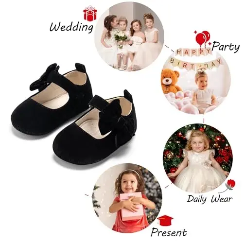 PHIRAMIN Baby Girls Mary Jane Flats - Infant Newborn Walking Shoes Soft Rubber Sole Princess Wedding - 4