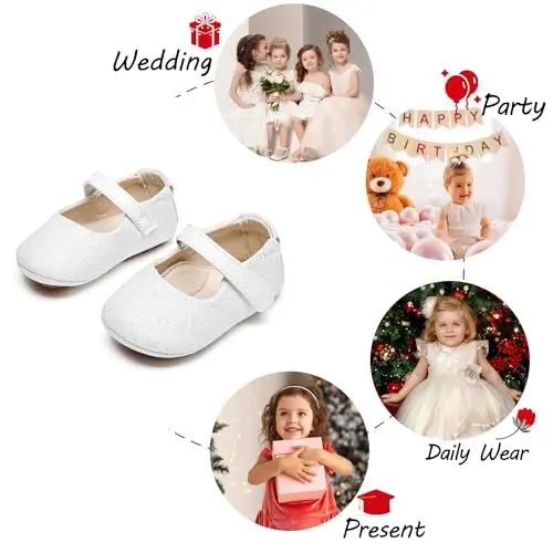 PHIRAMIN Baby Girls Mary Jane Flats - Infant Newborn Walking Shoes Soft Rubber Sole Princess Wedding - 3