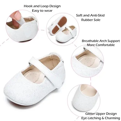 PHIRAMIN Baby Girls Mary Jane Flats - Infant Newborn Walking Shoes Soft Rubber Sole Princess Wedding - 4