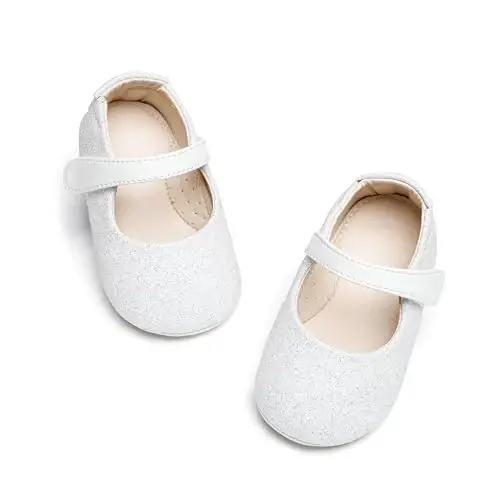 PHIRAMIN Baby Girls Mary Jane Flats - Infant Newborn Walking Shoes Soft Rubber Sole Princess Wedding - 6