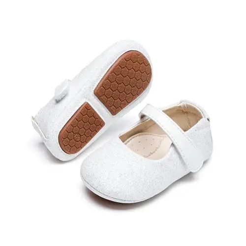 PHIRAMIN Baby Girls Mary Jane Flats - Infant Newborn Walking Shoes Soft Rubber Sole Princess Wedding - 1
