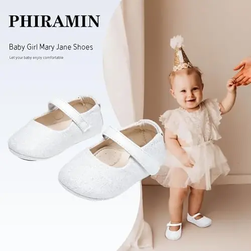 PHIRAMIN Baby Girls Mary Jane Flats - Infant Newborn Walking Shoes Soft Rubber Sole Princess Wedding - 2