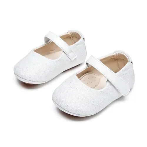 PHIRAMIN Baby Girls Mary Jane Flats - Infant Newborn Walking Shoes Soft Rubber Sole Princess Wedding - 5
