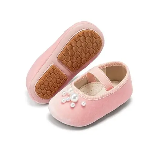 PHIRAMIN Baby Girls Mary Jane Flats - Infant Newborn Walking Shoes Soft Rubber Sole Princess Wedding - 1