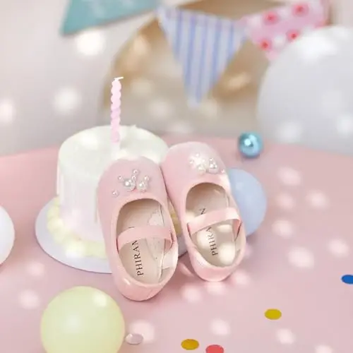 PHIRAMIN Baby Girls Mary Jane Flats - Infant Newborn Walking Shoes Soft Rubber Sole Princess Wedding - 3