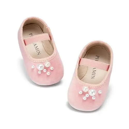 PHIRAMIN Baby Girls Mary Jane Flats - Infant Newborn Walking Shoes Soft Rubber Sole Princess Wedding - 6
