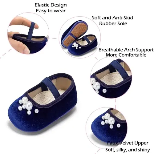 PHIRAMIN Baby Girls Mary Jane Flats - Infant Newborn Walking Shoes Soft Rubber Sole Princess Wedding - 5
