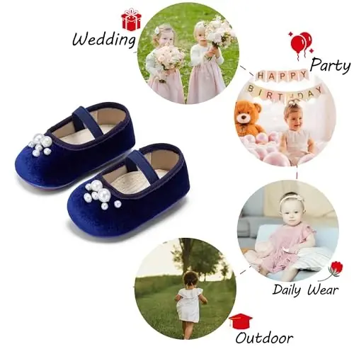 PHIRAMIN Baby Girls Mary Jane Flats - Infant Newborn Walking Shoes Soft Rubber Sole Princess Wedding - 4