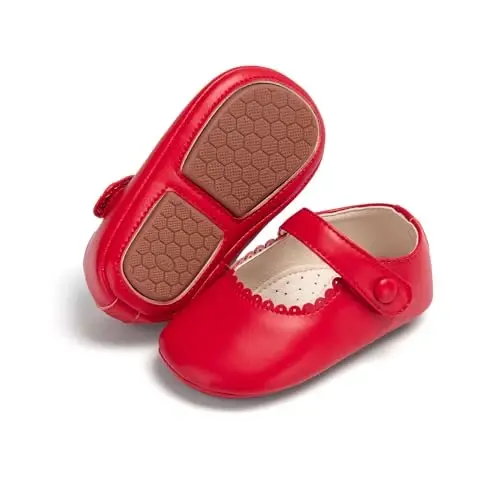 PHIRAMIN Baby Girls Mary Jane Flats - Infant Newborn Walking Shoes Soft Rubber Sole Princess Wedding - 1
