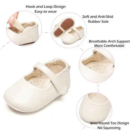PHIRAMIN Baby Girls Mary Jane Flats - Infant Newborn Walking Shoes Soft Rubber Sole Princess Wedding - 4