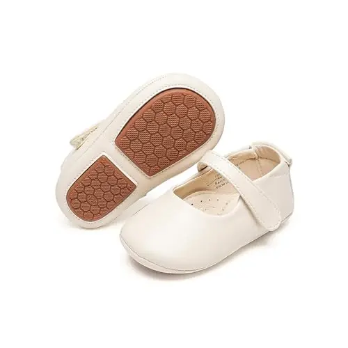 PHIRAMIN Baby Girls Mary Jane Flats - Infant Newborn Walking Shoes Soft Rubber Sole Princess Wedding - 1