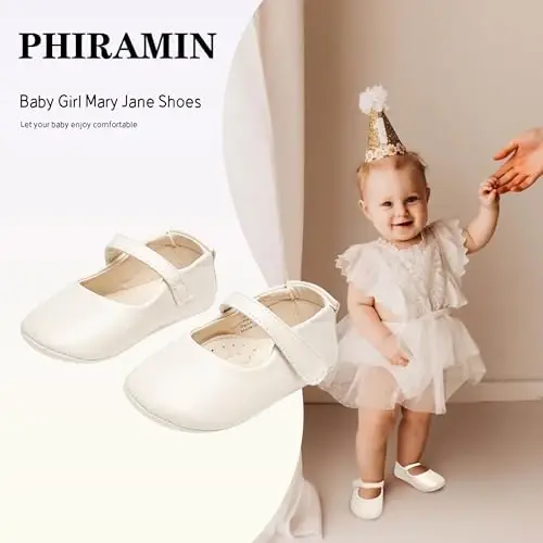 PHIRAMIN Baby Girls Mary Jane Flats - Infant Newborn Walking Shoes Soft Rubber Sole Princess Wedding - PHIRAMIN (1)