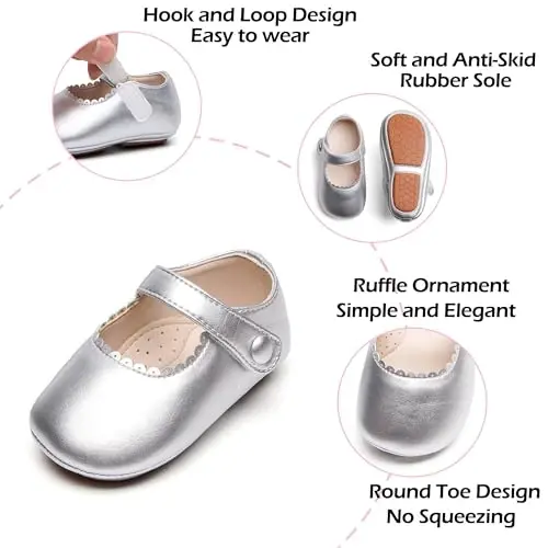 PHIRAMIN Baby Girls Mary Jane Flats - Infant Newborn Walking Shoes Soft Rubber Sole Princess Wedding - 5