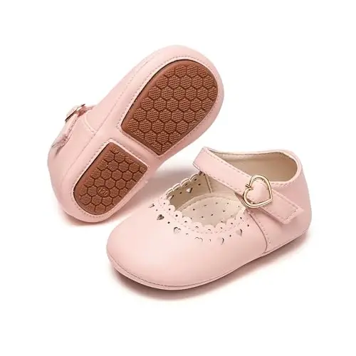 PHIRAMIN Baby Girls Mary Jane Flats - Infant Newborn Walking Shoes Soft Rubber Sole Princess Wedding - 1