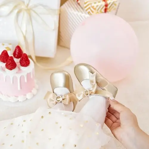 PHIRAMIN Baby Girls Mary Jane Flats - Infant Newborn Walking Shoes Soft Rubber Sole Princess Wedding - 3