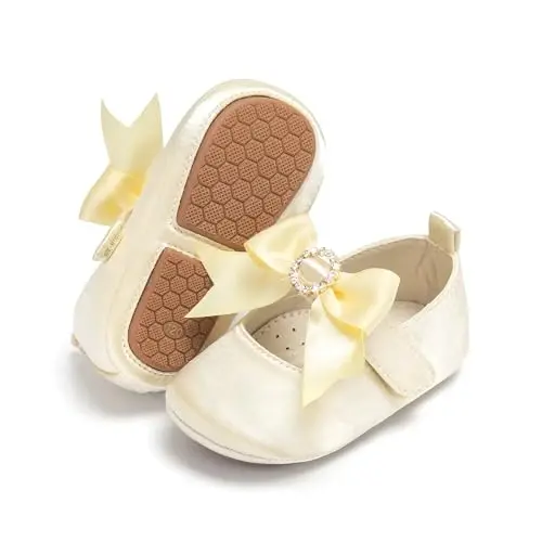 PHIRAMIN Baby Girls Mary Jane Flats - Infant Newborn Walking Shoes Soft Rubber Sole Princess Wedding 
