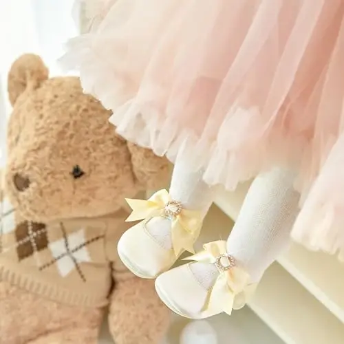 PHIRAMIN Baby Girls Mary Jane Flats - Infant Newborn Walking Shoes Soft Rubber Sole Princess Wedding - PHIRAMIN (1)