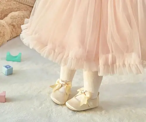 PHIRAMIN Baby Girls Mary Jane Flats - Infant Newborn Walking Shoes Soft Rubber Sole Princess Wedding - 3