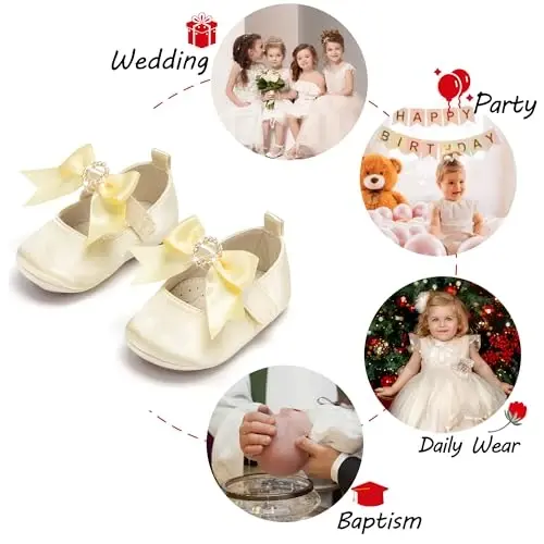 PHIRAMIN Baby Girls Mary Jane Flats - Infant Newborn Walking Shoes Soft Rubber Sole Princess Wedding - 4