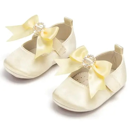 PHIRAMIN Baby Girls Mary Jane Flats - Infant Newborn Walking Shoes Soft Rubber Sole Princess Wedding - 7