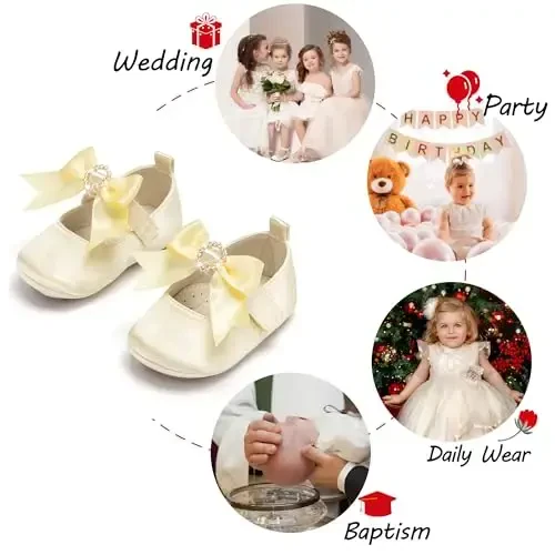 PHIRAMIN Baby Girls Mary Jane Flats - Infant Newborn Walking Shoes Soft Rubber Sole Princess Wedding - 4