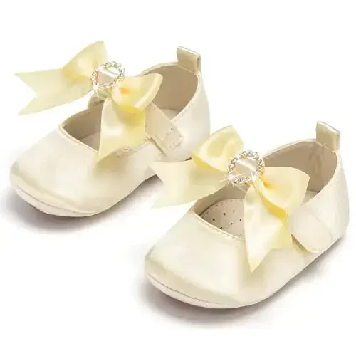 PHIRAMIN Baby Girls Mary Jane Flats - Infant Newborn Walking Shoes Soft Rubber Sole Princess Wedding - 7