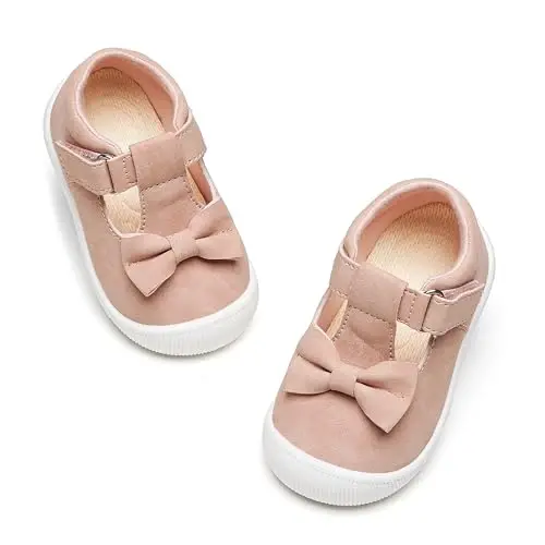 PHIRAMIN Baby Girls Mary Jane Flats - Infant Newborn Walking Shoes Soft Rubber Sole Princess Wedding - 7