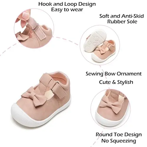 PHIRAMIN Baby Girls Mary Jane Flats - Infant Newborn Walking Shoes Soft Rubber Sole Princess Wedding - 5