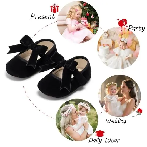 PHIRAMIN Baby Girls Mary Jane Flats - Infant Newborn Walking Shoes Soft Rubber Sole Princess Wedding - 4