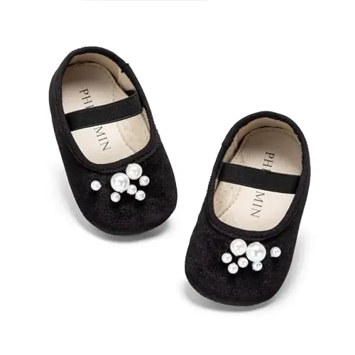 PHIRAMIN Baby Girls Mary Jane Flats - Infant Newborn Walking Shoes Soft Rubber Sole Princess Wedding - 6