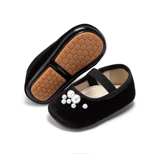 PHIRAMIN Baby Girls Mary Jane Flats - Infant Newborn Walking Shoes Soft Rubber Sole Princess Wedding - 1