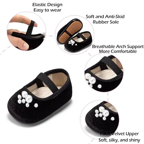 PHIRAMIN Baby Girls Mary Jane Flats - Infant Newborn Walking Shoes Soft Rubber Sole Princess Wedding - 5