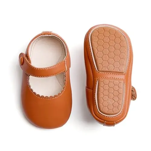 PHIRAMIN Baby Girls Mary Jane Flats - Infant Newborn Walking Shoes Soft Rubber Sole Princess Wedding - 1