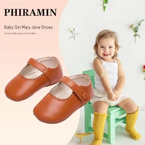 PHIRAMIN Baby Girls Mary Jane Flats - Infant Newborn Walking Shoes Soft Rubber Sole Princess Wedding - 2