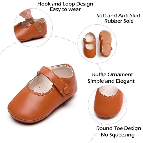 PHIRAMIN Baby Girls Mary Jane Flats - Infant Newborn Walking Shoes Soft Rubber Sole Princess Wedding - 5