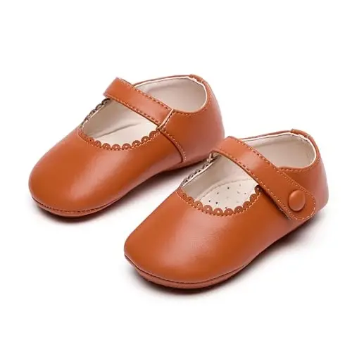 PHIRAMIN Baby Girls Mary Jane Flats - Infant Newborn Walking Shoes Soft Rubber Sole Princess Wedding - 6
