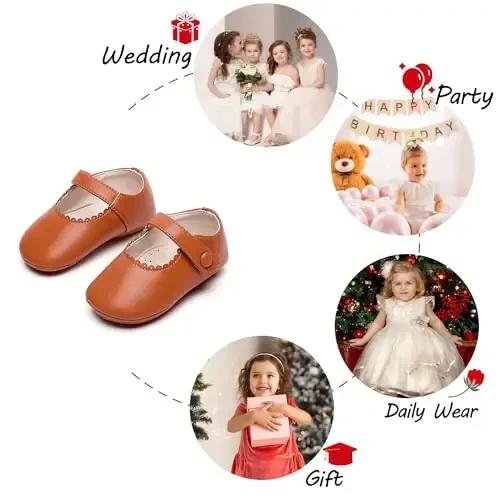 PHIRAMIN Baby Girls Mary Jane Flats - Infant Newborn Walking Shoes Soft Rubber Sole Princess Wedding - 4