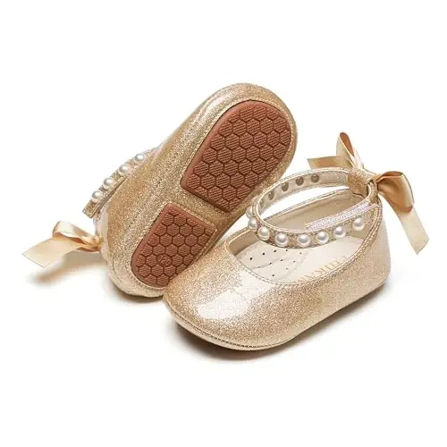 PHIRAMIN Baby Girls Mary Jane Flats - Infant Newborn Walking Shoes Soft Rubber Sole Princess Wedding - 1