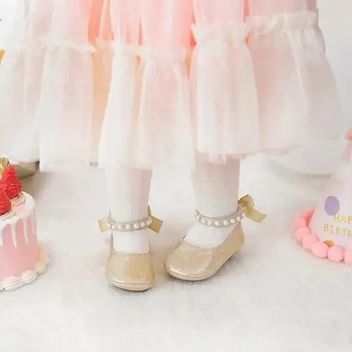 PHIRAMIN Baby Girls Mary Jane Flats - Infant Newborn Walking Shoes Soft Rubber Sole Princess Wedding - 3