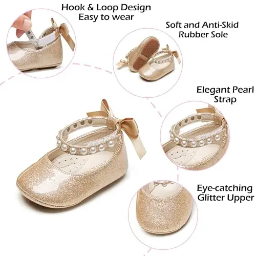 PHIRAMIN Baby Girls Mary Jane Flats - Infant Newborn Walking Shoes Soft Rubber Sole Princess Wedding - 5