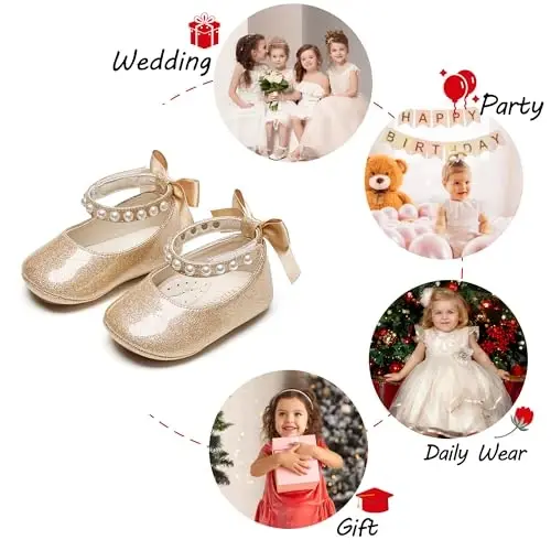 PHIRAMIN Baby Girls Mary Jane Flats - Infant Newborn Walking Shoes Soft Rubber Sole Princess Wedding - 4