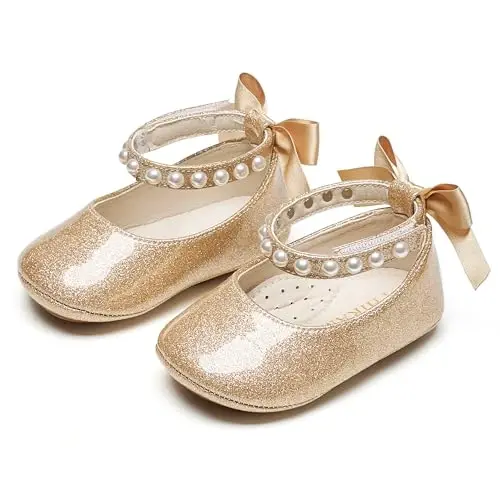 PHIRAMIN Baby Girls Mary Jane Flats - Infant Newborn Walking Shoes Soft Rubber Sole Princess Wedding - 6