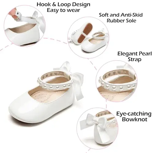 PHIRAMIN Baby Girls Mary Jane Flats - Infant Newborn Walking Shoes Soft Rubber Sole Princess Wedding - 5